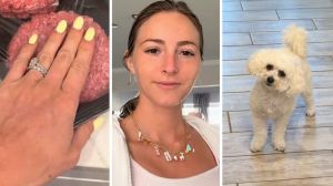 hand on ground beef (l) woman shares puppy concern (c) white puppy (r)