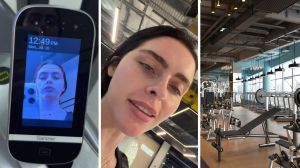 facial recognition scanner (l) woman shares gym hack (c) Gym machines (r)