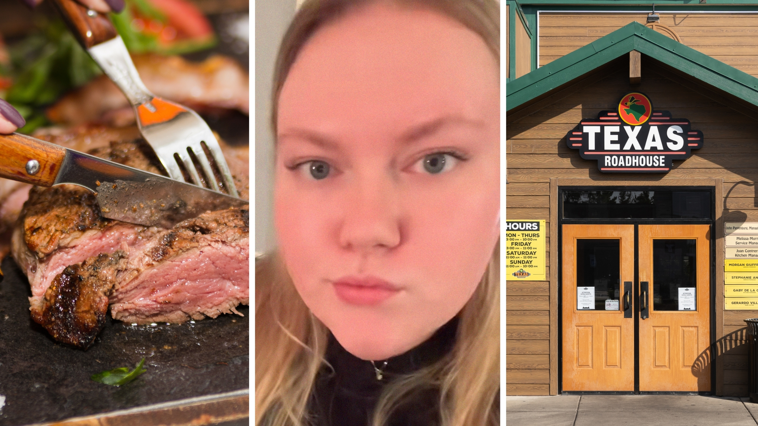 cutting steak (l) woman shares Texas roadhouse hack (c) Texas roadhouse entrance (r)