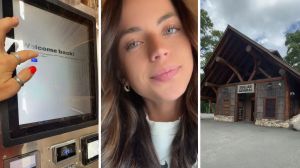self-checkout machine (l) woman shares Dollar General experience (c) Dollar General entrance (r)
