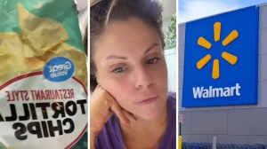 Great Value tortilla chips (l) woman shares walmart purchase issue (c) Walmart storefront (r)