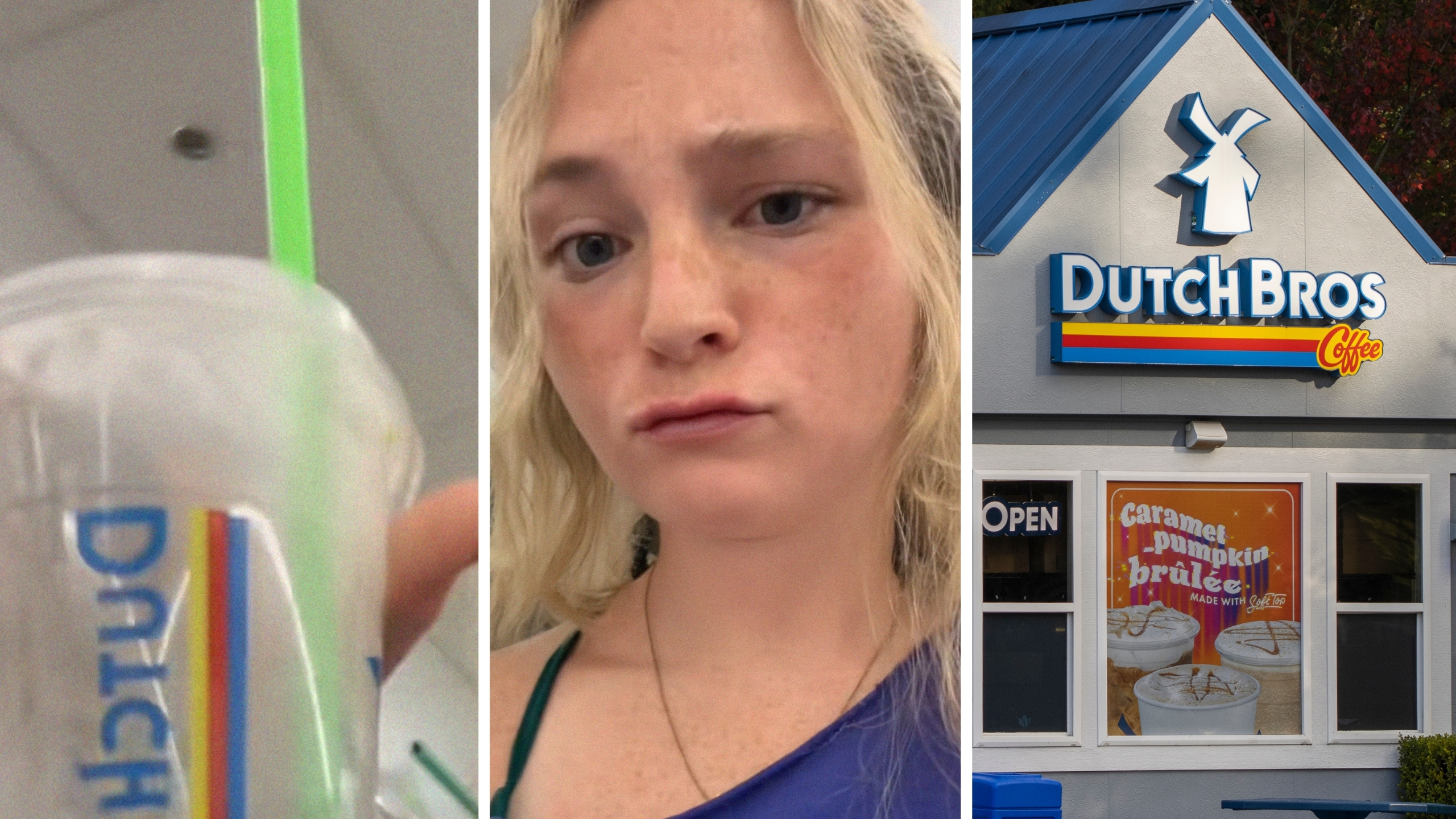 dutch bros drink (l) woman shares drink concern (c) Dutch Bros entrance (r)