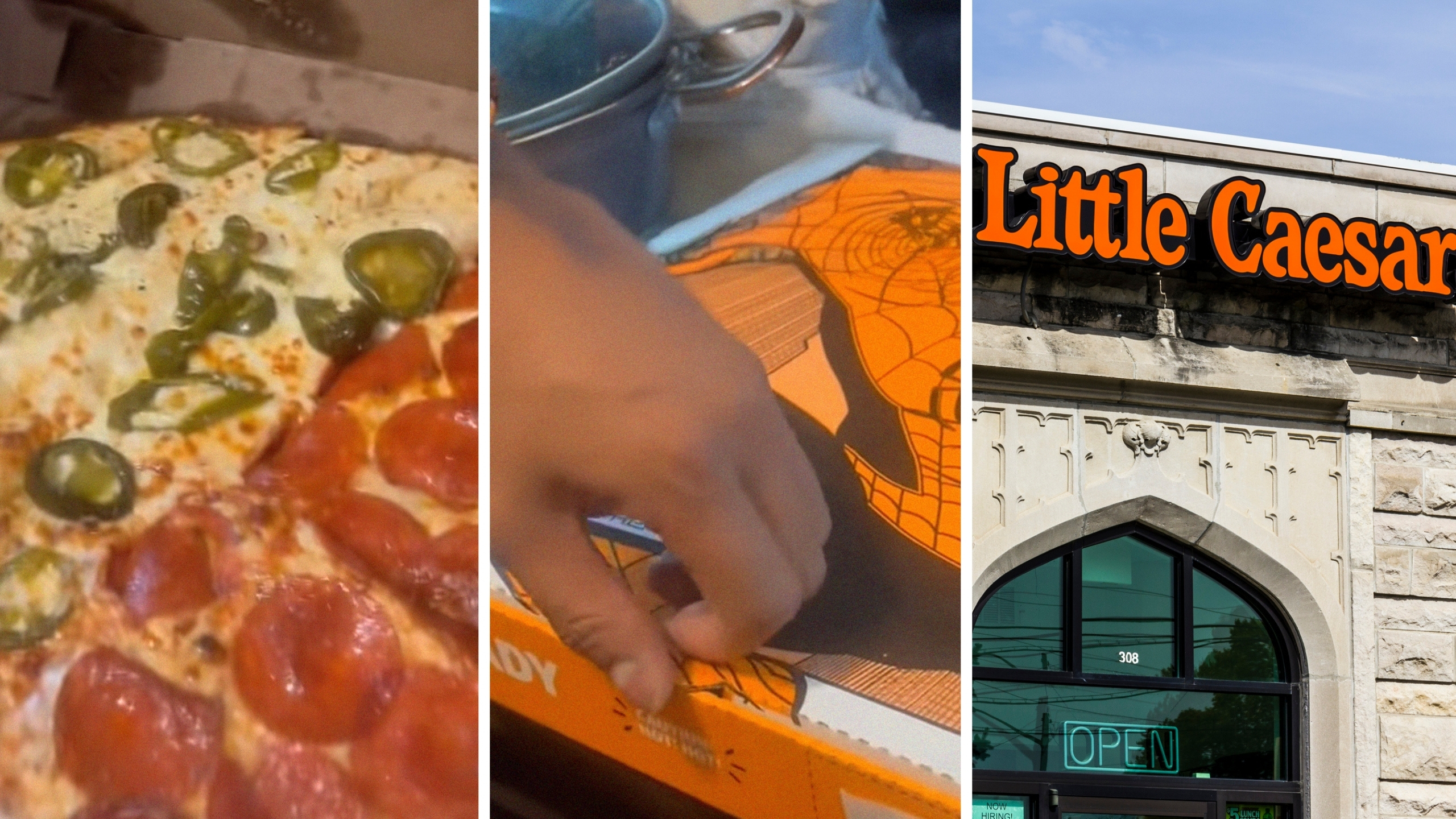 hot pizza (l) Little Caesars customer has huge issue with pizza order (c) Little Caesars entrance (r)