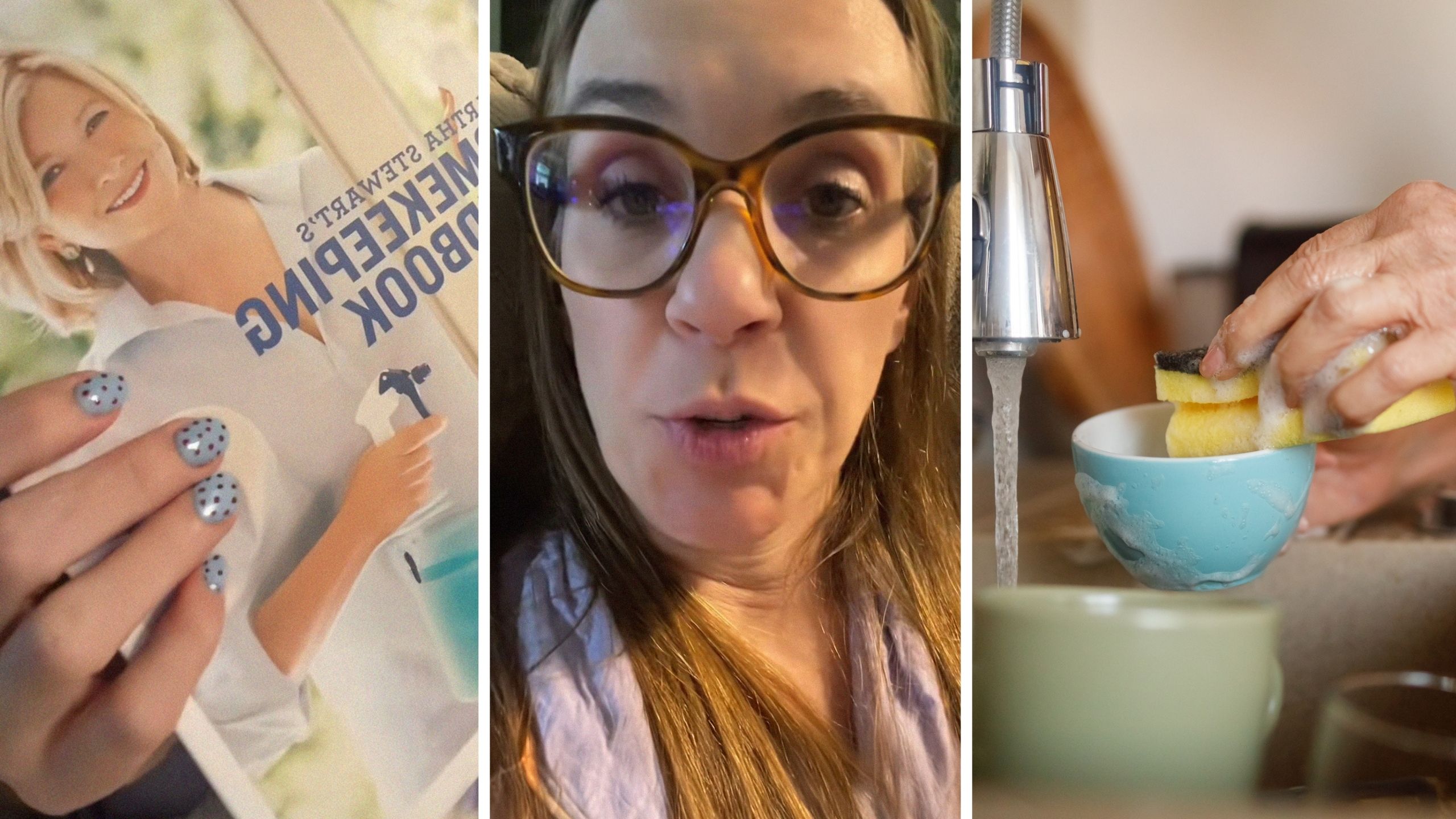 Martha Stewart’s Homekeeping Handbook (l) woman shares Martha Stewart’s Homekeeping Handbook observation (c) woman washing dishes (r)