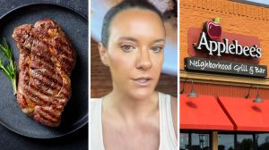 cooked steak (l) Woman reveals how the Applebee’s steaks are actually cooked (c) Applebee's entrance (r)