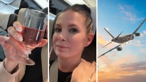 first class drink (l) woman shares traveling hack (c) plane on the go (r)
