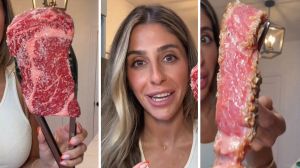 cut of steak (l) woman shares how she cooks her steak (c) juicy steak strip (r)