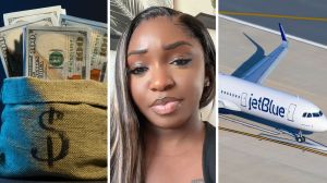 bag of cash (l) woman shares JetBlue airlines experience (c) JetBlue airlines aircraft (r)