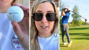 golf ball (l) woman shares PSA to golfer (c) man at golf course (r)