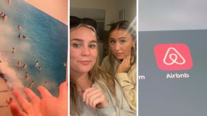 frame on wall (l) women shares airbnb experience (c) Airbnb app (r)