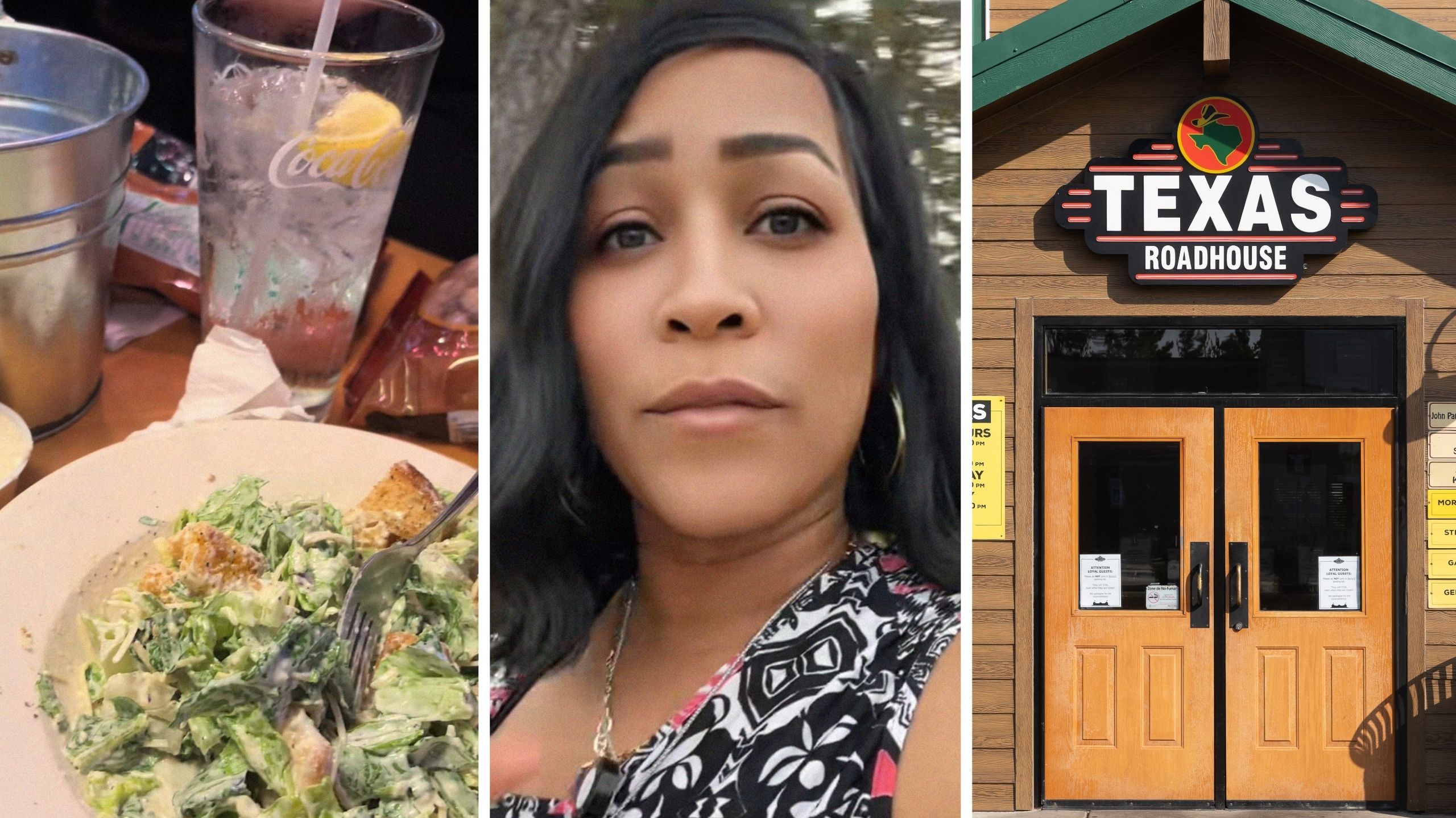 restaurant table (l) woman shares texas roadhouse experience (c) Texas roadhouse entrance (r)