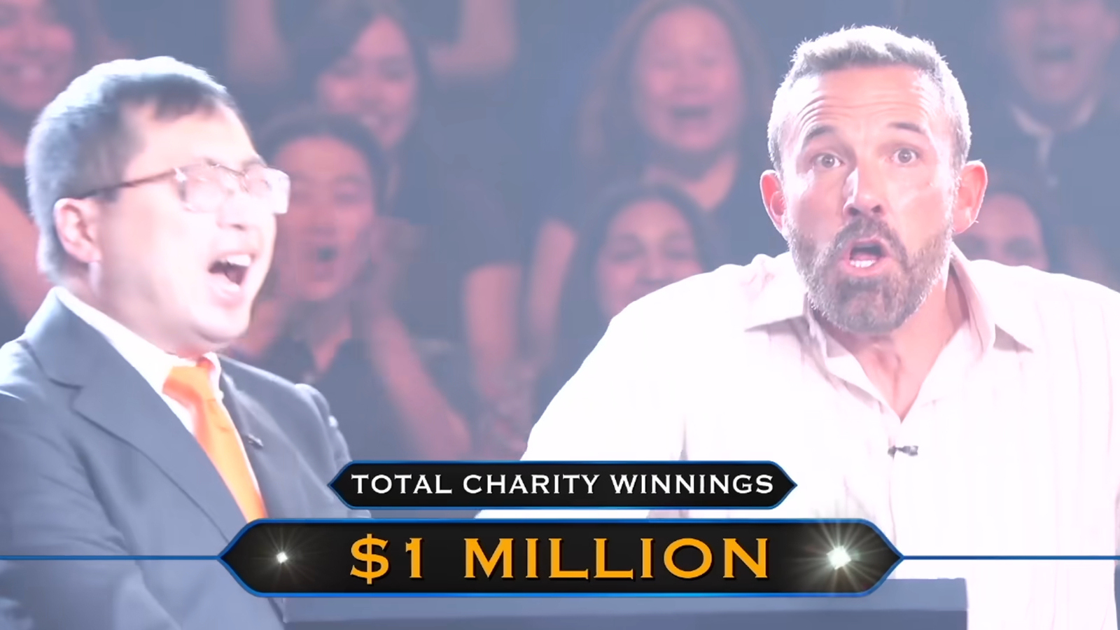 actor Ben Affleck celebrates winning Who Wants To Be A Millionaire