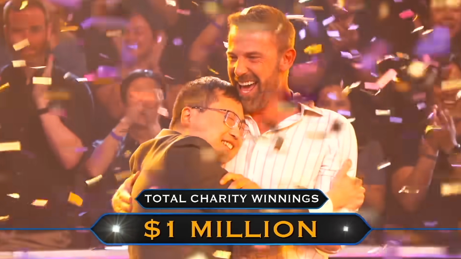 actor Ben Affleck celebrates winning Who Wants To Be A Millionaire