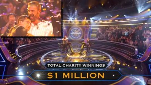 actor Ben Affleck celebrates winning Who Wants To Be A Millionaire