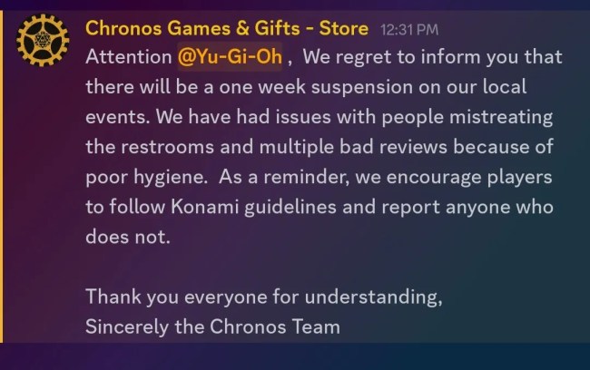 Chronos Game and Gifts cancels Yu Gi Oh tournaments