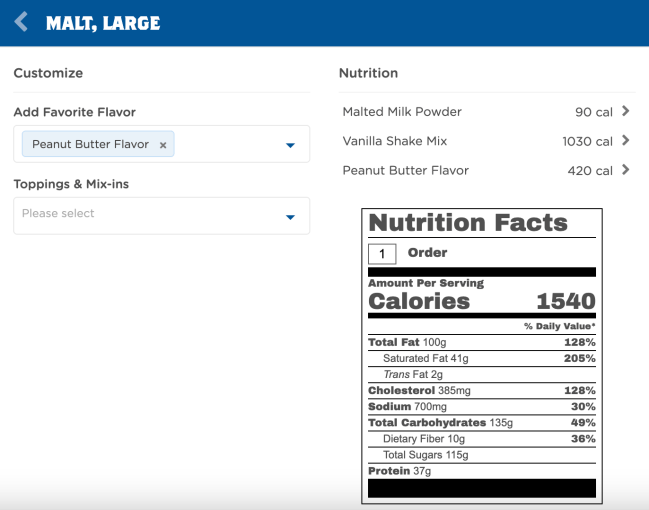 Culvers peanut butter malt nutrition label