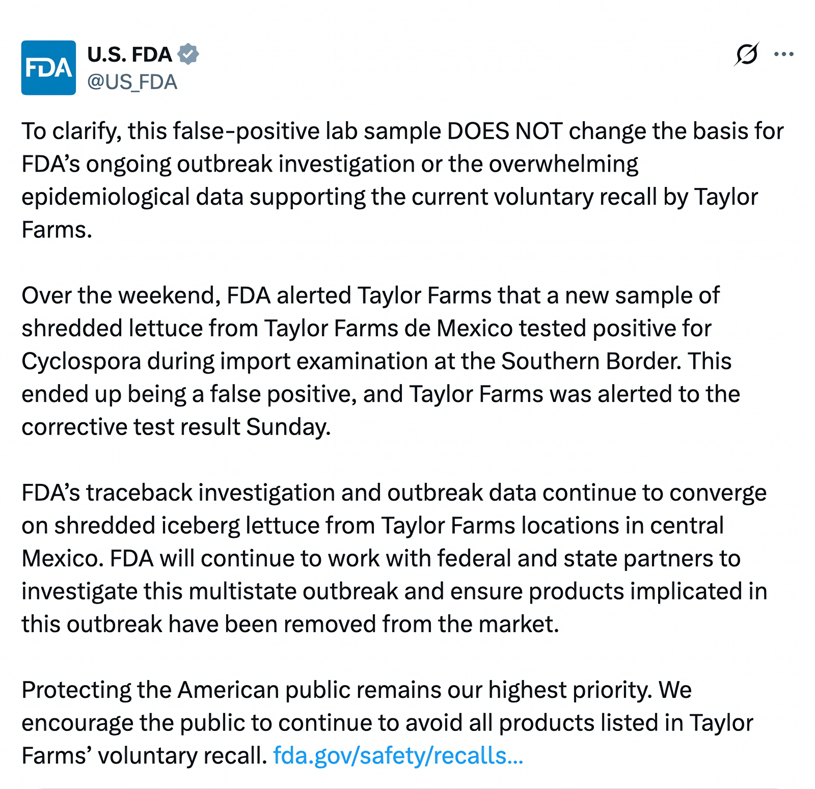 Food and Drug Administration (FDA) responds to Taylor Farms about parasite outbreak