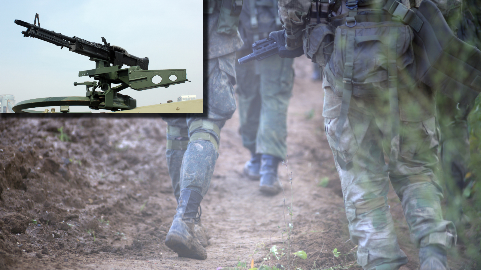 Russian soldiers and a machine gun turret