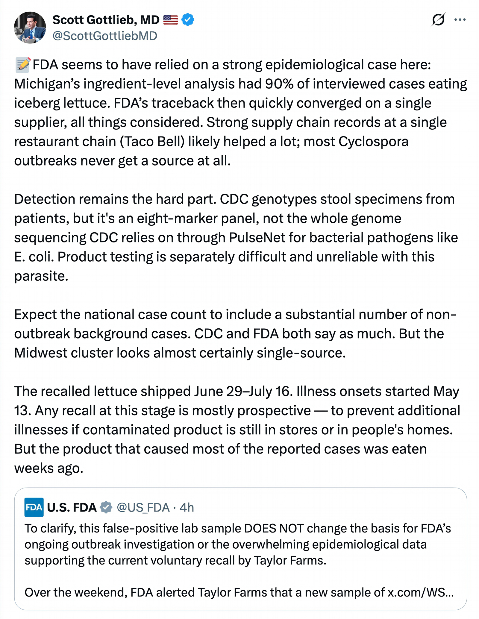 Dr. Scott Gottlieb message on cyclospora bacteria and the FDA