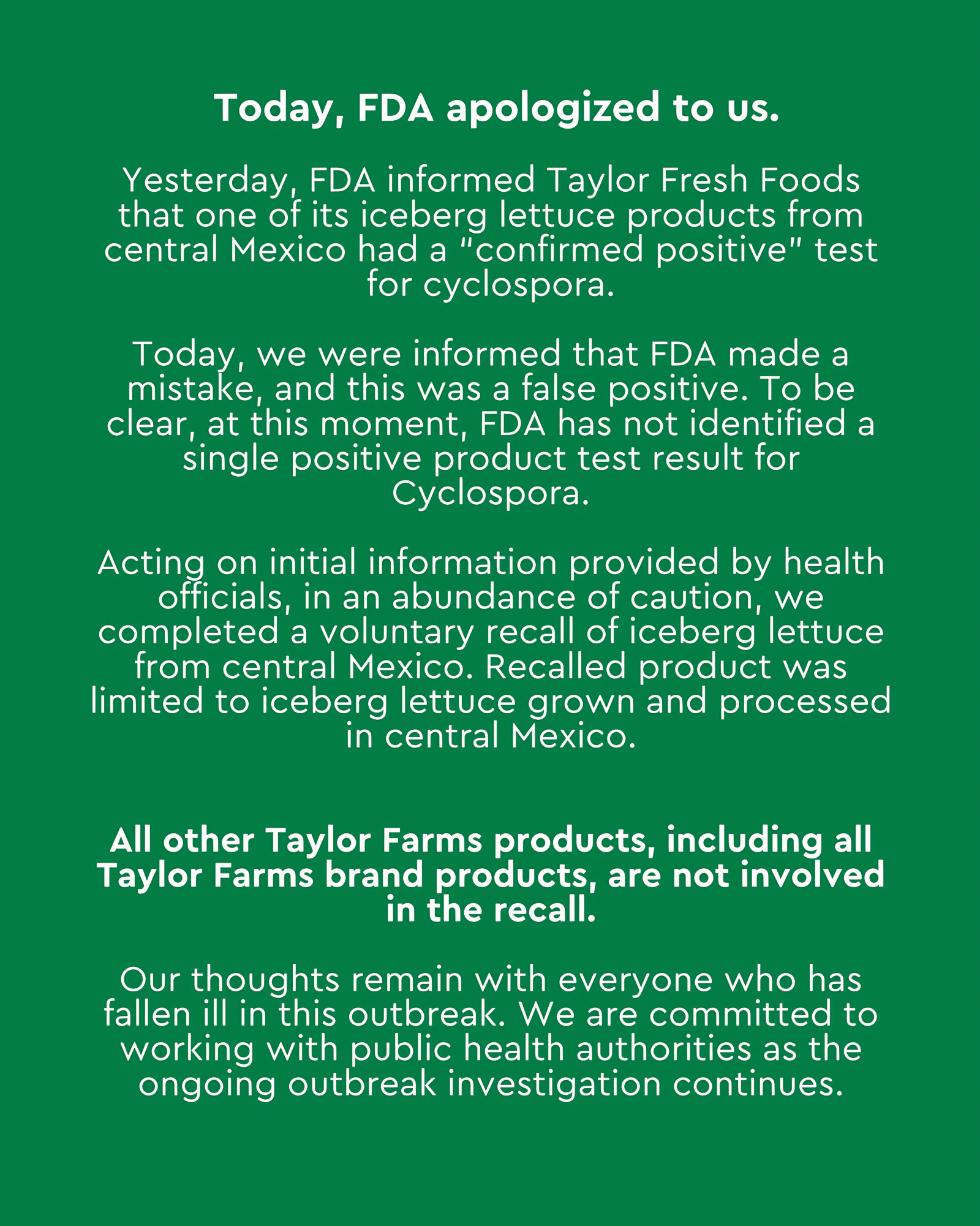 Taylor Farms claims FDA apologized over Cyclospora outbreak