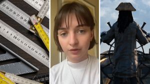 measuring tools (l) woman shares thoughts on the Metric system (c) Pirate leading ship (r)