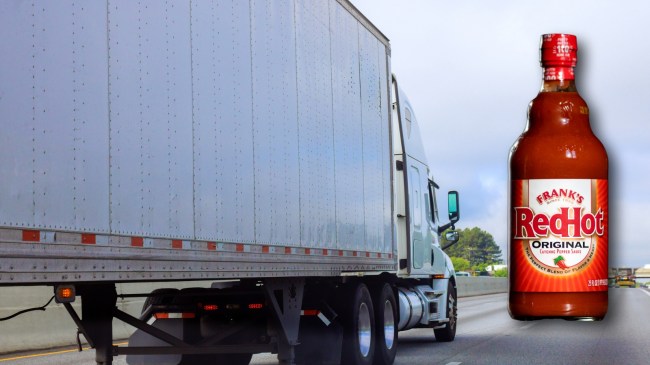 Tractor trailer truck next to bottle of Frank's RedHot