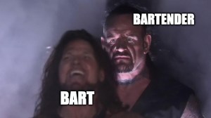 AJ Styles and the Undertaker meme of the classic Bart vs Bartender joke