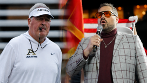 Akron Zips football coach Joe Moorhead and Barstool Sports employee Dan "Big Cat" Katz