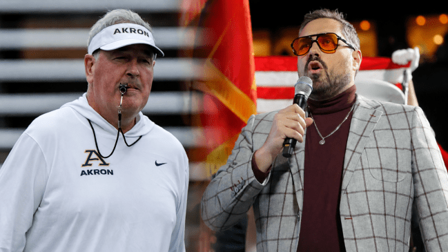 Akron Zips football coach Joe Moorhead and Barstool Sports employee Dan "Big Cat" Katz