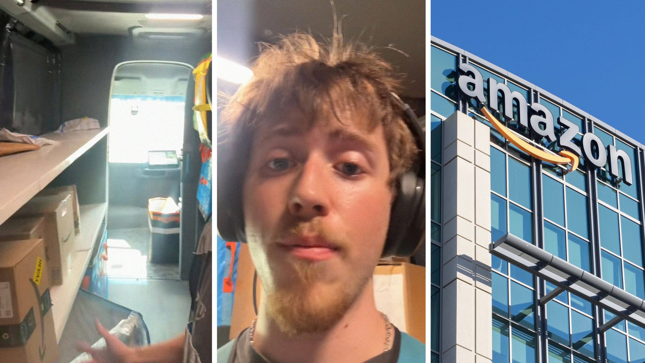 Delivery truck (l) man shares common Amazon order (c) Amazon office (r).