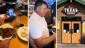 family goes out to dinner (l) family shares Texas roadhouse experience (c) Texas roadhouse entrance (r)