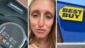 Garmin watch (l) woman shares Garmin purchase issue (c) Best Buy storefront (r)