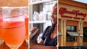 peachy drink (l) female bartender shares drink facts (c) The Cheesecake factory entrance (r)