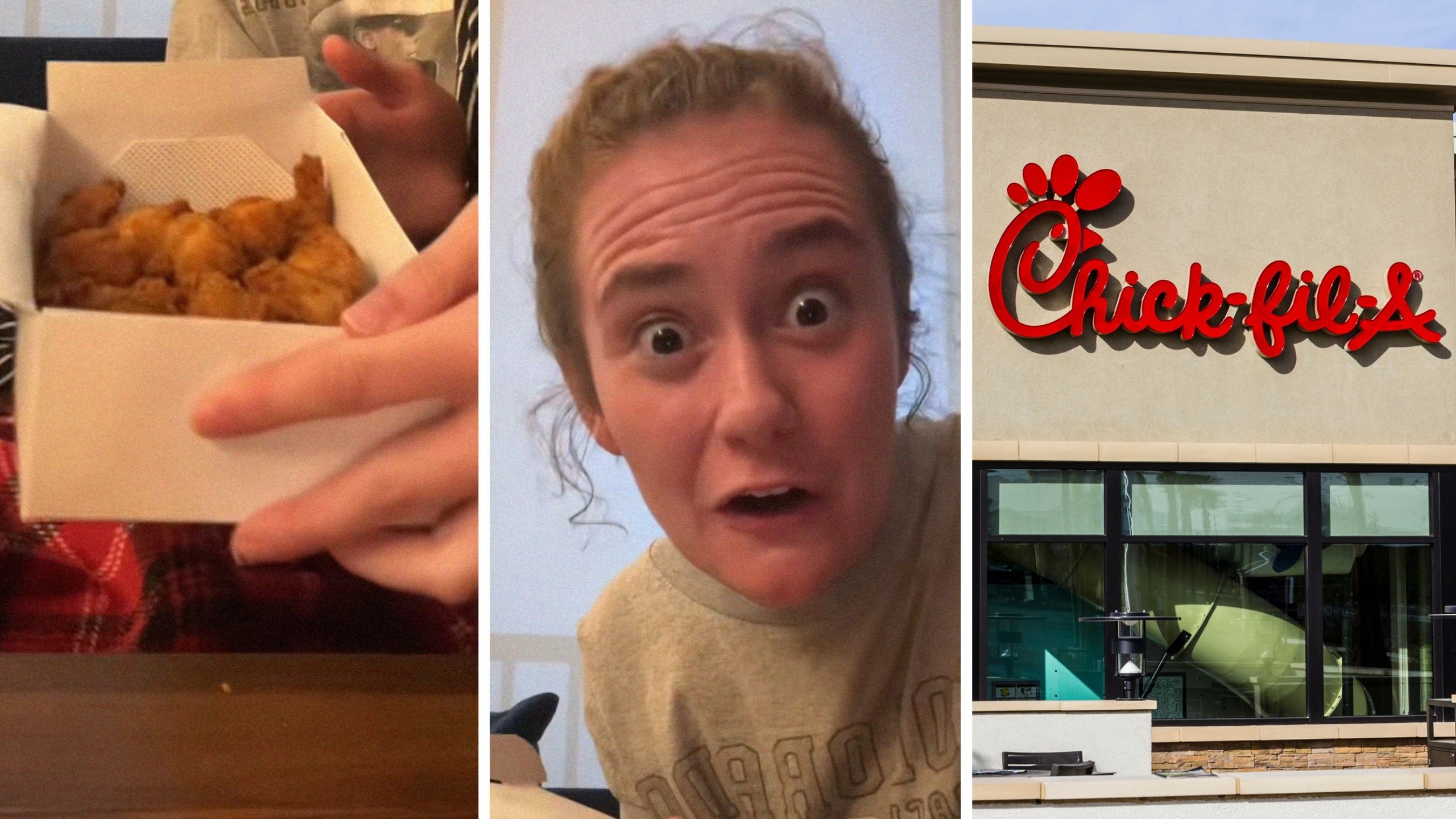 chicken nuggets pack (l) woman shares food order (c) Chick-fil-A entrance (r)