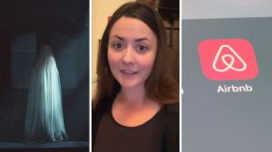 floating ghost (l) woman shares Airbnb booking concern (c) Airbnb app (r)