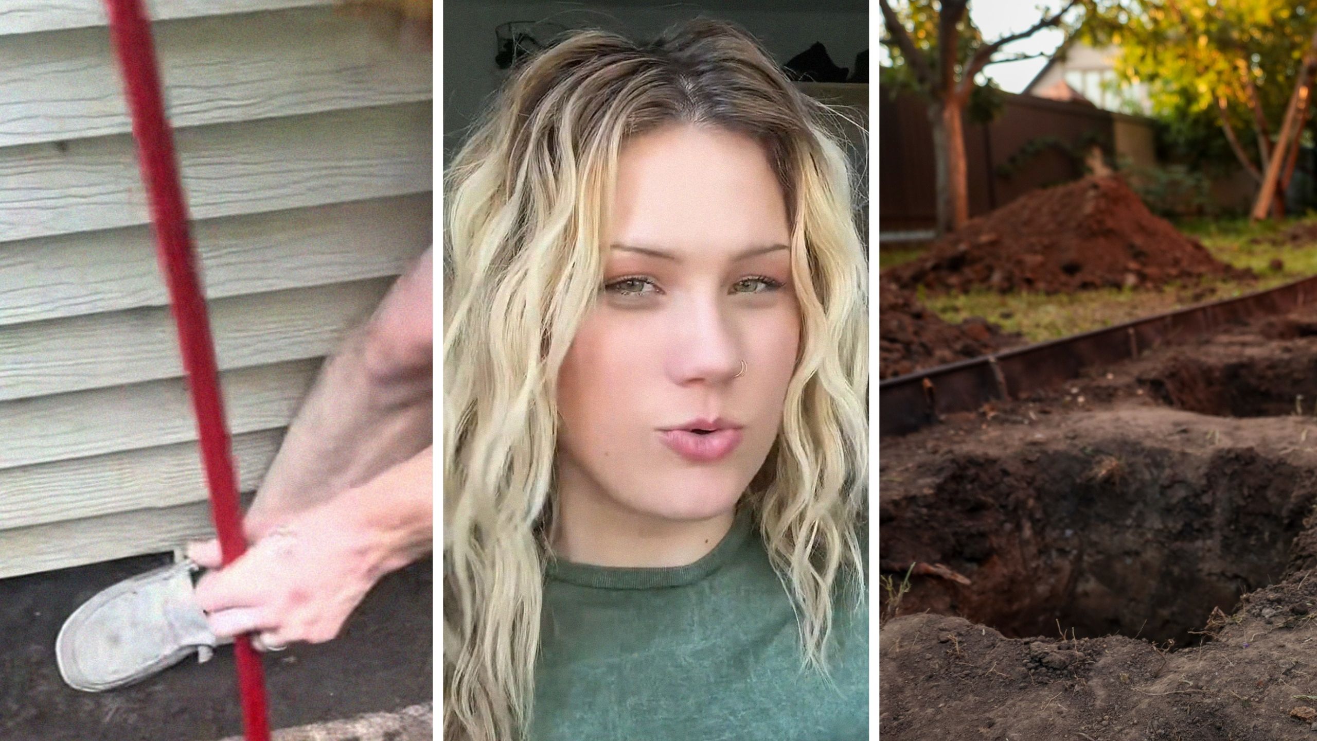 man digging hole (l) woman shares backyard encounter (c) hole in backyard (r)