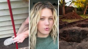 man digging hole (l) woman shares backyard encounter (c) hole in backyard (r)