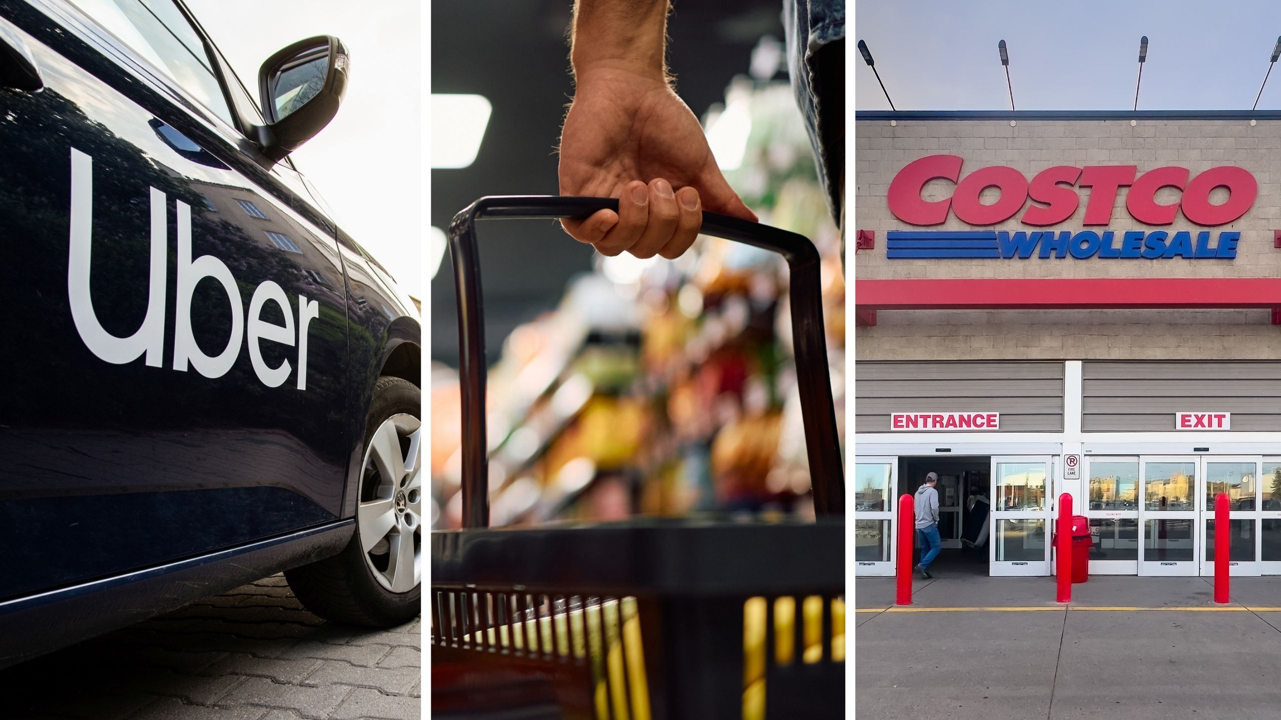 Uber delivery (l) grocery shopping for customer (c) Costco storefront (r)