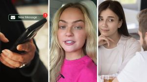 new message notification (l) woman shares dating experience (c) first date (r)