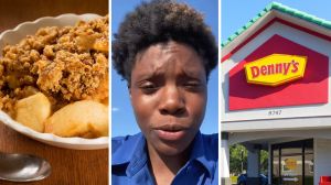apple crisp dessert (l) woman shares Denny's order issue (c) Denny's front entrance (r)