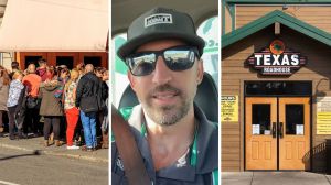 crowd waiting to go in (l) man shares texas Roadhouse observation (c) Texas Roadhouse entrance (r)