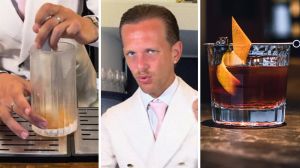 Bartender mixing a classic drink (l) Bartender shows how to make an old fashioned (c) Old Fashioned drink (r)