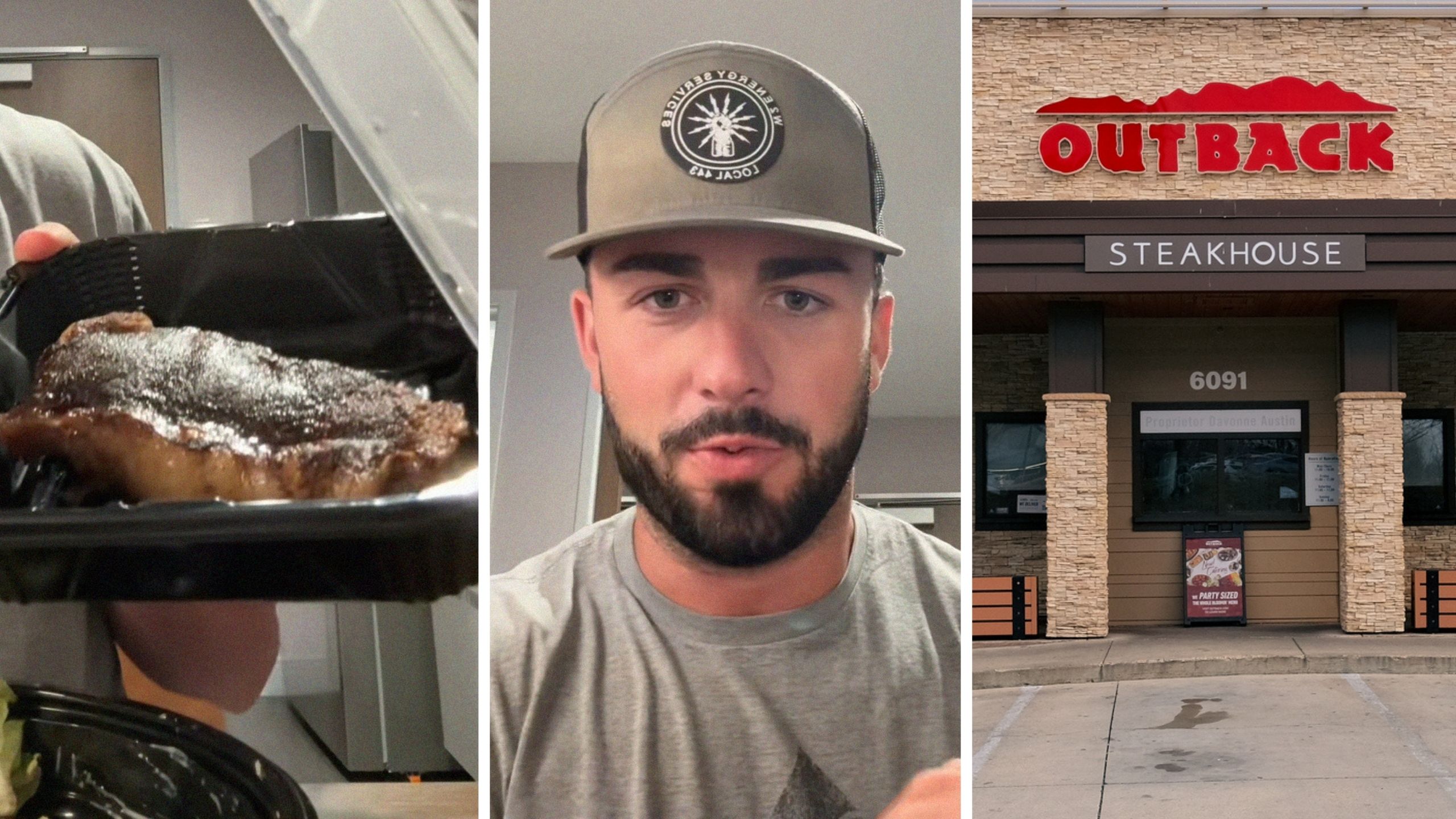 juicy steak (l) man shares food order issue (c) Outback restaurant (r)