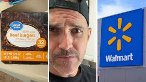 32 Great Value burgers pack (l) man shares burger patties purchase (c) walmart storefront (r)