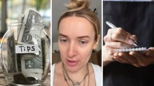 tipping jar (l) woman shares a day in the job (c) waitress taking tables order (r)