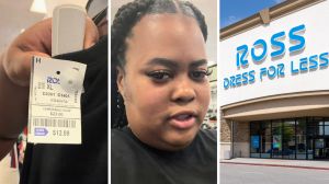 price tag (l) woman shares shopping encounter (c) Ross storefront (r)