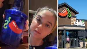 margarita shaker (l) woman shares chili's opinion (c) Chili's entrance (r)