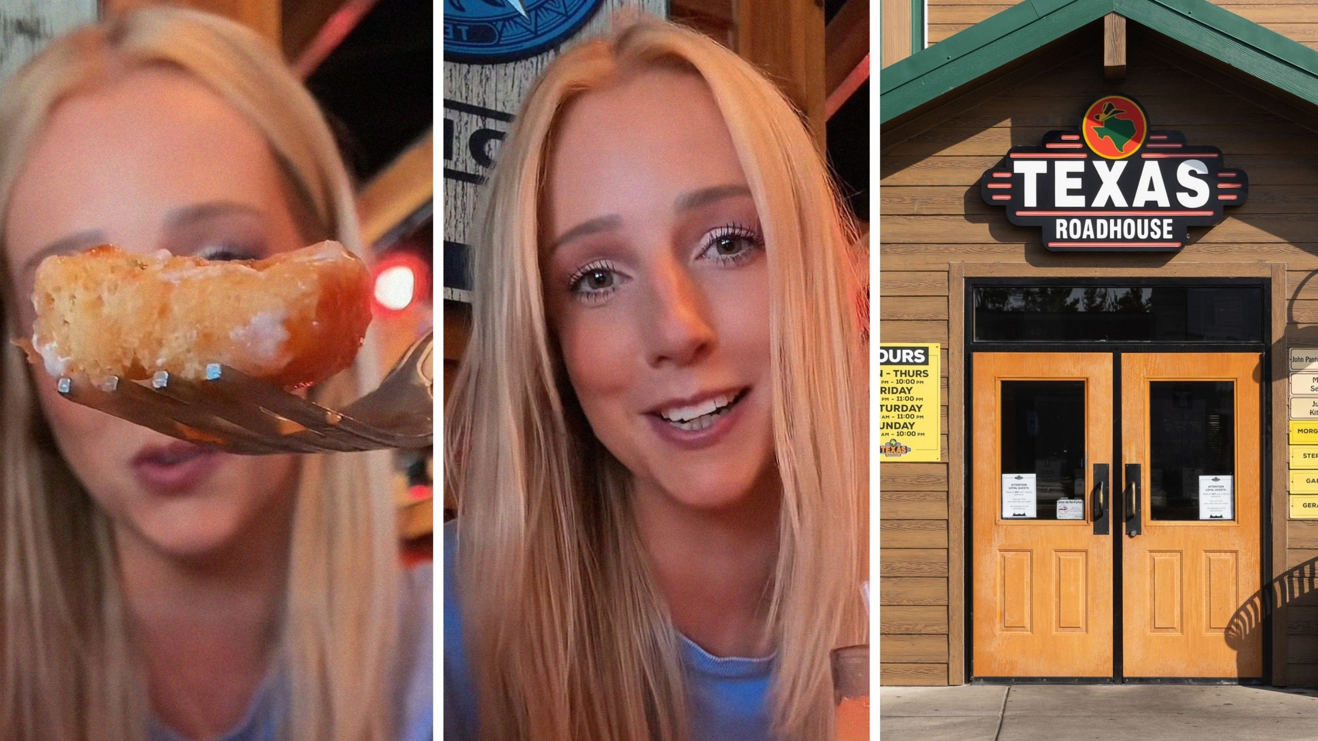 toasted bread on a fork (l) woman shares Texas roadhouse tips (c) Texas roadhouse entrance (r)