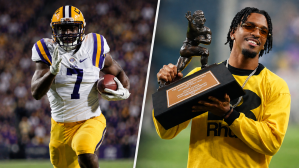 A collage featuring former LSU Tigers stars Leonard Fournette and Jayden Daniels