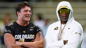 Colorado LB Gideon Lampron and head coach Deion Sanders